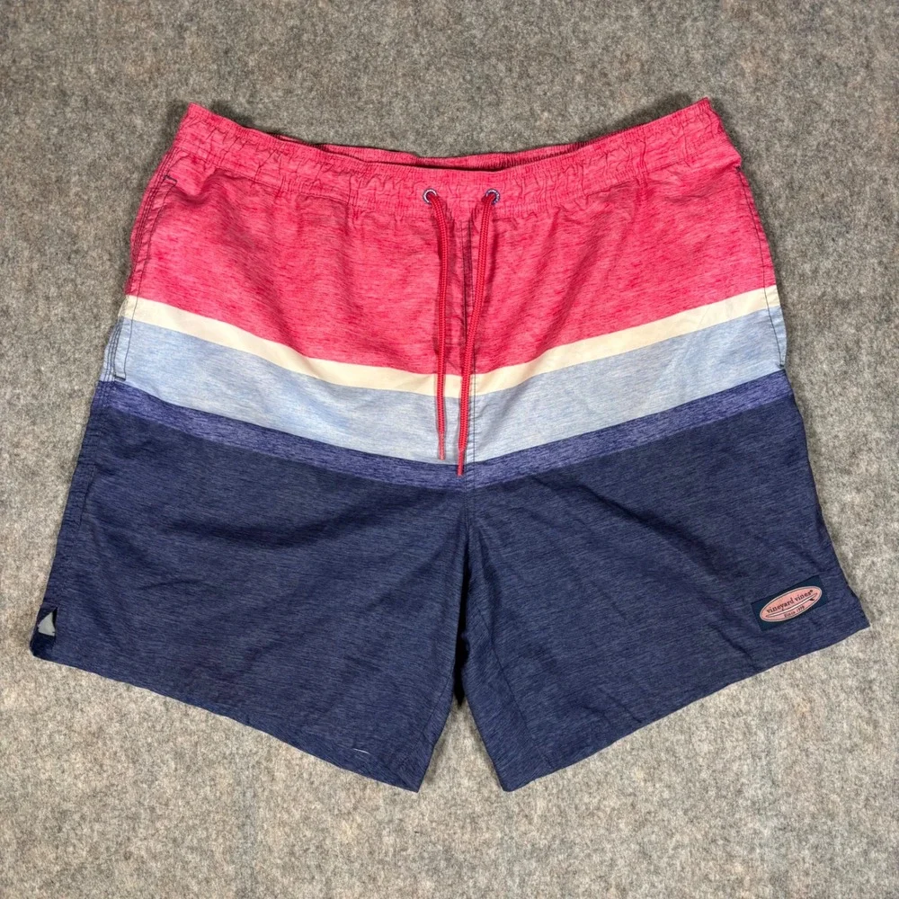 Vineyard Vines Swim Trunks Mens L Pink Blue Colorblock Preppy Lined Bathing Suit